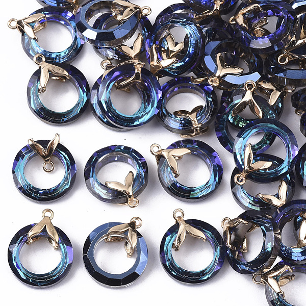 

PandaHall Electroplate Glass Pendants, with Light Gold Plated Brass Ice Pick Pinch Bails, Faceted, Ring with Fishtail, Dark Blue, 17x14x6mm...
