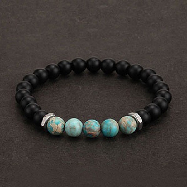 Bracelet extensible à perles rondes en jaspe impérial naturel teint de 8 mm et noir givré pour homme
