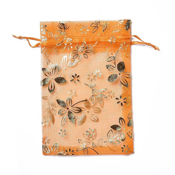 PandaHall Organza Drawstring Jewelry Pouches, Wedding Party Gift Bags, Rectangle with Gold Stamping Flower Pattern, Orange, 15x10x0.11cm...