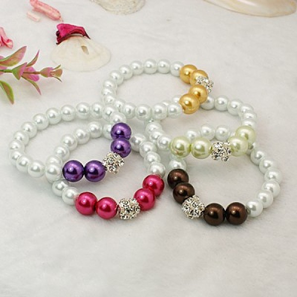 

PandaHall Fashion Glass Pearl Bracelets, Stretchy Bracelets, with Brass Rhinestone Beads, Mixed Color, 55mm Glass Multicolor