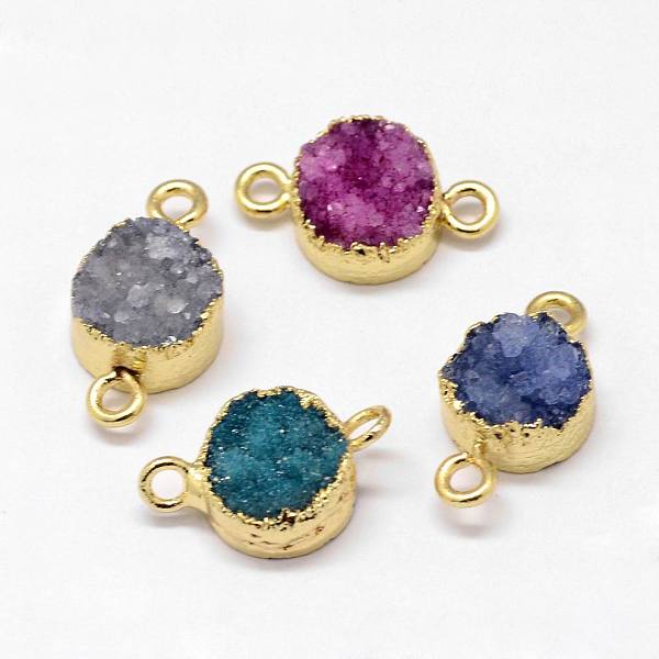 

PandaHall Electroplated Natural & Dyed Druzy Agate Links connectors, with Golden Plated Brass Findings, Flat Round, Mixed Color..., Multicolor