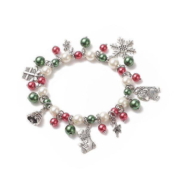 

PandaHall Glass Pearl Beaded Stretch Bracelet, Candy Cane & Snowflake & Santa Claus & Bell Alloy Charms Christmas Bracelet for Women...