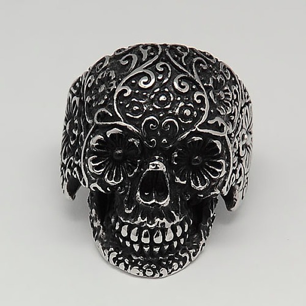 

PandaHall Personalized Retro Halloween Jewelry Sugar Skull Rings for Men, 304 Stainless Steel Wide Band Rings, For Mexico Holiday Day of the...