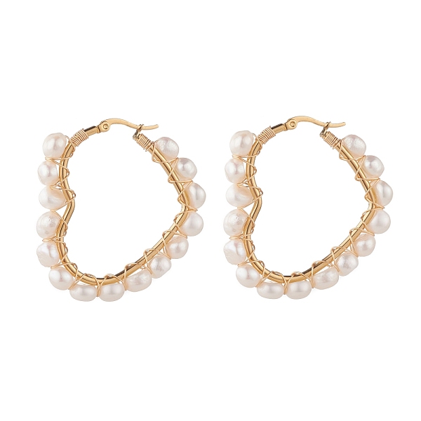 PandaHall Natural Pearl Wire Wrapped Heart Big Hoop Earrings for Women, Golden, White, 46x44.5x6.5mm, Pin: 0.7mm Pearl Heart White