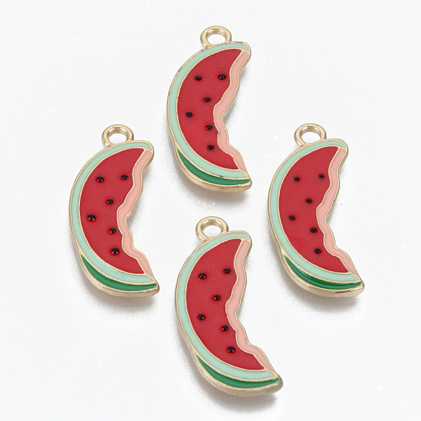 

PandaHall Alloy Enamel Pendants, Cadmium Free & Lead Free, Watermelon Slice, Light Gold, Red, 30.5x13x1.5mm, Hole: 2.5mm Alloy+Enamel Fruit...