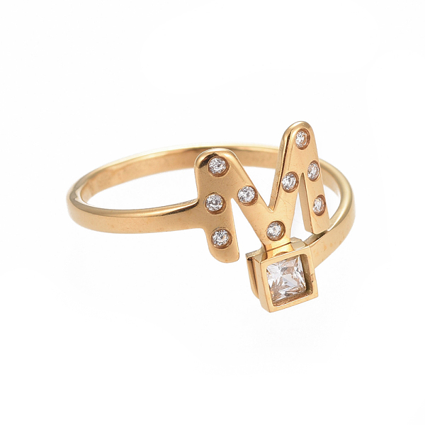 

PandaHall 304 Stainless Steel Finger Rings, with Rhinestone, Initial Letter M & Square, Golden, Size 6~9, 16~19mm Stainless Steel+Rhinestone..., Clear