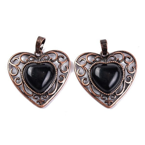 

PandaHall Natural Obsidian Peach Love Heart Pendants, Rack Plating Brass Hollow Heart Charms, Cadmium Free & Lead Free, Red Copper...