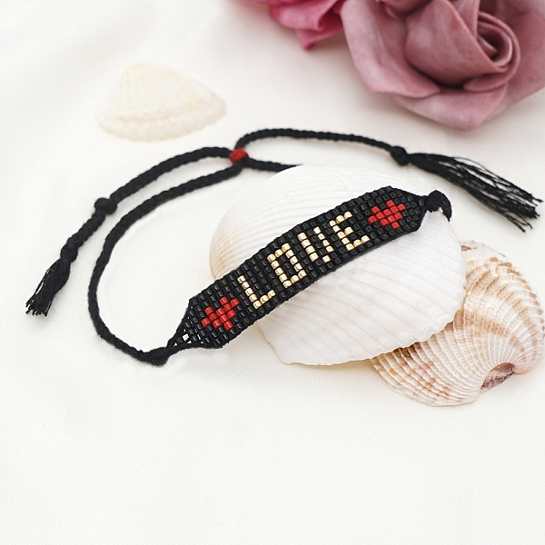 Glass Seed Wide Band Mit Wort Liebe Herz Freundschaft Gliederarmband Für Frauen