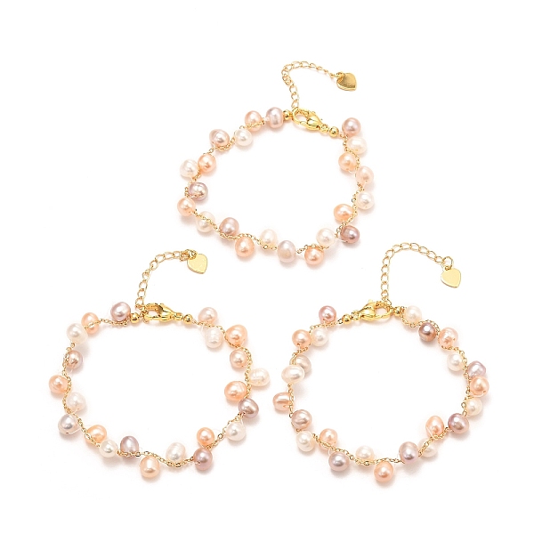

PandaHall Natural Pearl Beaded Bracelets, with Brass Chain, Real 18K Gold Plated, Colorful, 6.57~6.81 inch(167~173mm) Pearl