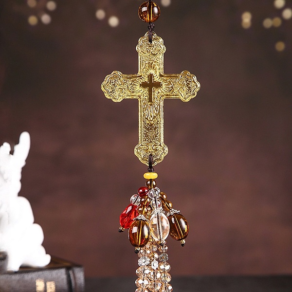 

PandaHall Cross with Tassel Glass Pendant Decorations, for Interior Car Mirror Hanging Decorations, Gold, 320mm Glass Gold