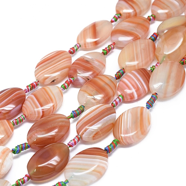PandaHall Natural Banded Agate/Striped Agate Beads Strands, Dyed & Heated, Oval, Sandy Brown, 27~29x19~21x8~9mm, Hole: 1.5mm, about...