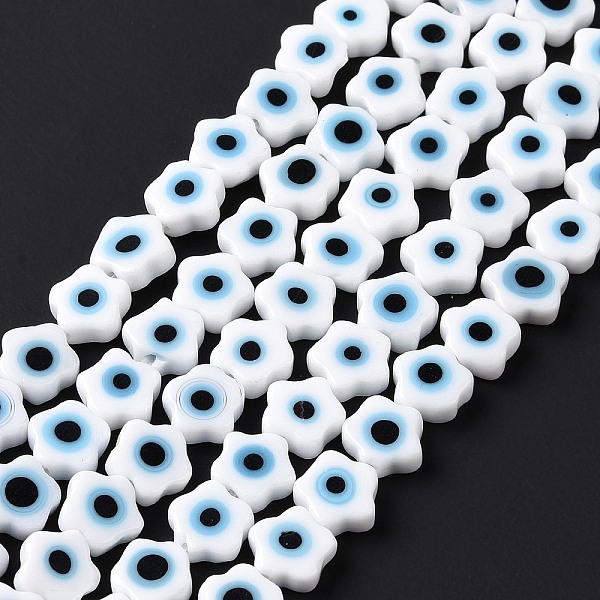 

PandaHall Handmade Evil Eye Lampwork Beads Strands, Flower, White, 7x7.5x3mm, Hole: 0.6mm, about 51pcs/strand, 14.17 inch(36cm) Lampwork...