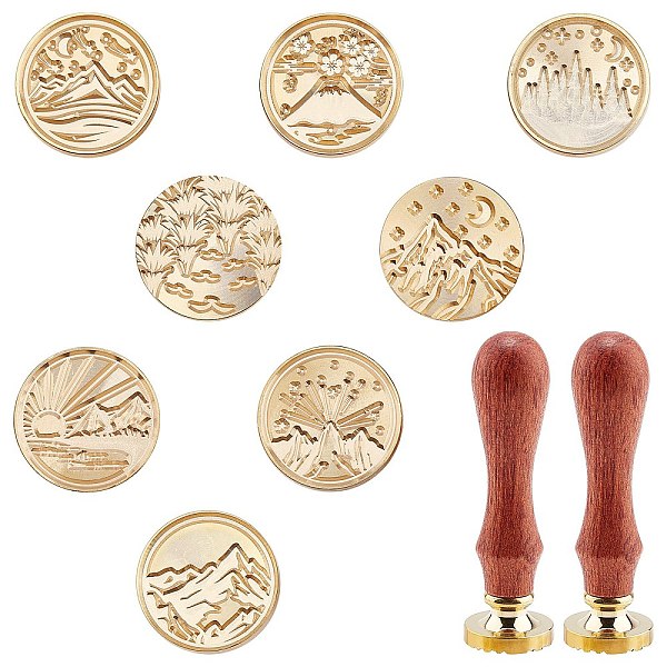 PandaHall CRASPIRE Wax Seal Stamp Set 8 Pieces Mountain Theme Vintage Sealing Wax Stamps with 2pcs Wood Handles 25mm Removable Brass Head...