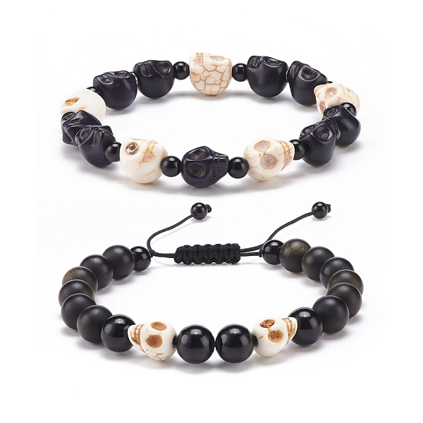 

PandaHall 2Pcs 2 Style Natural Golden Sheen Obsidian & Mixed Gemstone Skull Braided Bead Bracelets Set, Halloween Adjustable Bracelets for...