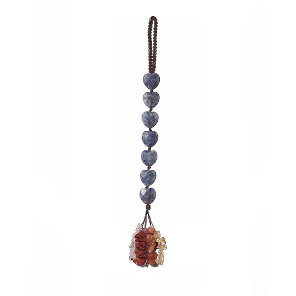 PandaHall Heart Natural Blue Spot Jasper & Mixed Stone Chips Tassel Pendant Decorations, Nylon Thread Hanging Ornament, 215~220mm Blue Spot...