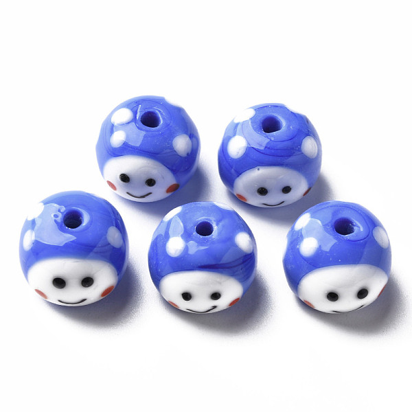 

PandaHall Handmade Lampwork Beads, Round with Cartoon Face, Royal Blue, 13~14x10mm, Hole: 2mm Lampwork Round