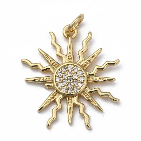 PandaHall Brass Micro Pave Clear Cubic Zirconia Pendants, with Jump Ring, Long-Lasting Plated, Sun, Real 18K Gold Plated, 21x19.5x2mm, Jump...