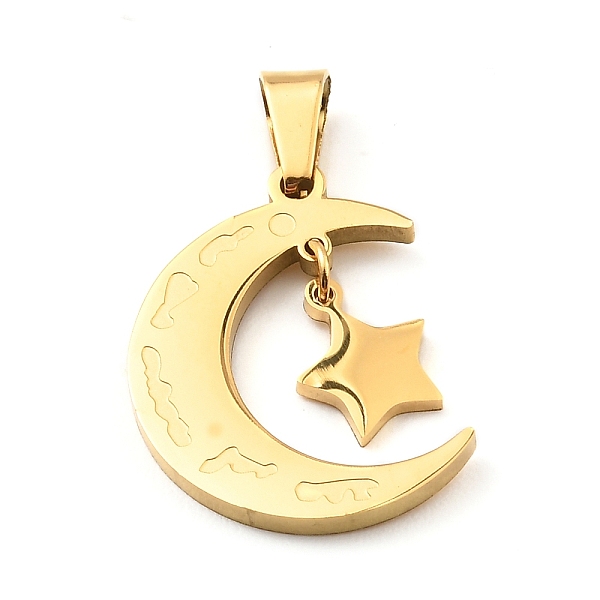 

PandaHall Ion Plating(IP) 304 Stainless Steel Pendant, Moon with Star Charm, Golden, 23.5x18x2mm, Hole: 7x4mm 304 Stainless Steel Moon