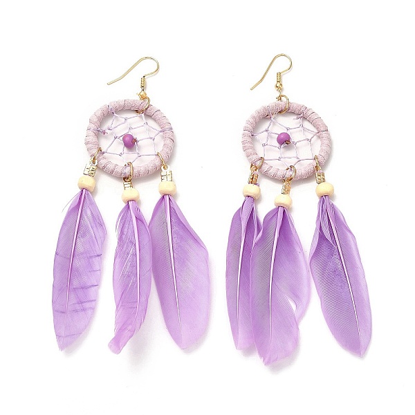 

PandaHall Feather Woven Net Chandelier Earrings, Alloy Long Tassel Drop Earrings for Women, Orchid, 126mm, Pin: 0.6mm Feather Purple