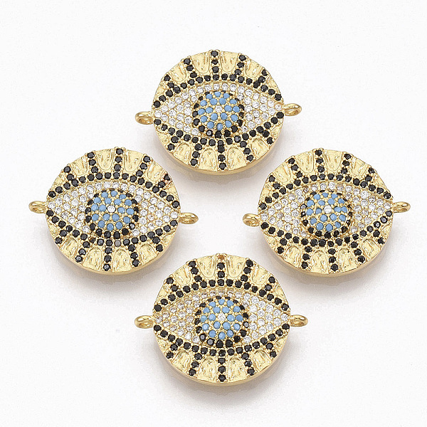 

PandaHall Brass Micro Pave Cubic Zirconia Links connectors, Flat Round with Evil Eye, Colorful, Golden, 18x22.5x3.5mm, Hole: 1.2mm...