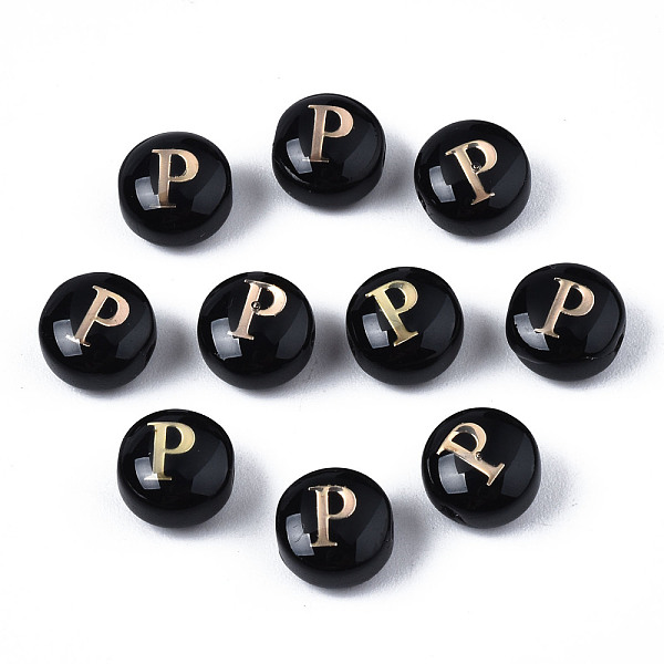 

PandaHall Handmade Lampwork Beads, with Golden Plated Brass Etched Metal Embellishments, Flat Round with Alphabet, Letter.P, 8x5mm, Hole..., Black