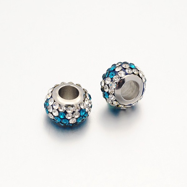 

PandaHall Nice Large Hole Rondelle 304 Stainless Steel Polymer Clay Pave Two Tone Rhinestone European Beads, Stainless Steel Color, Blue..., Cyan