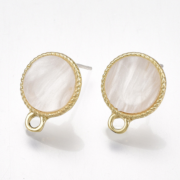 

PandaHall Alloy Stud Earring Findings, with Raw(Unplated) Pins, Resin and Loop, Flat Round, Light Gold, White, 15x11.5mm, Hole: 2mm, Pin...