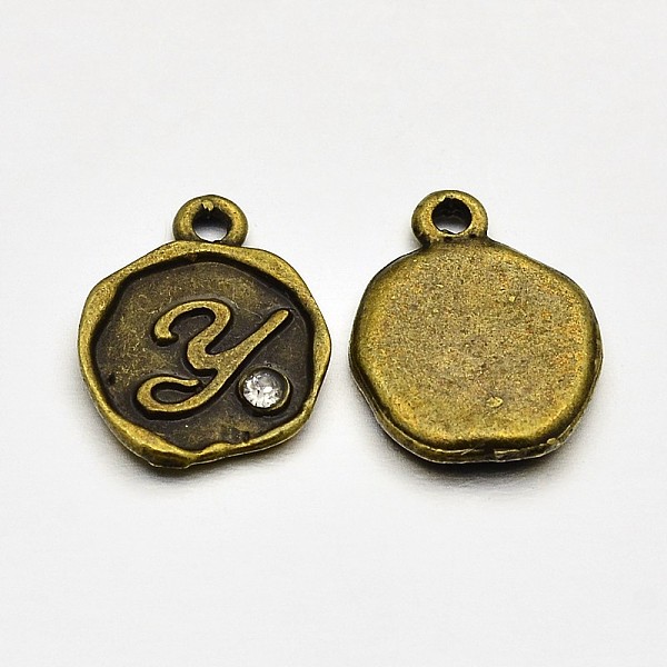 

PandaHall Antique Bronze Plated Alloy Rhinestone Charms, Flat Round with Letter.Y, Nickel Free, 13x10x1.5mm, Hole: 1mm Alloy+Rhinestone..., Clear