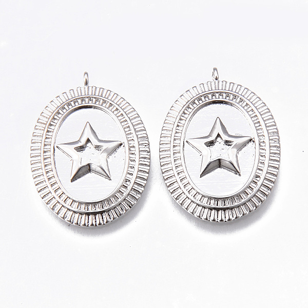 

PandaHall Brass Pendant Settings For Enamel, Nickel Free, Oval with Star, Platinum, 24x18x2.5mm, Hole: 1.2mm Brass Oval