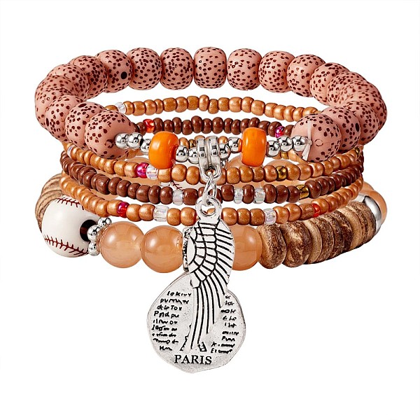 

PandaHall 5Pcs 5 Style Wood & Glass Seed & Acrylic Beaded Stretch Bracelets Set with Baseball, Bohemian Stackable Bracelets with Alloy Wings..., Brown
