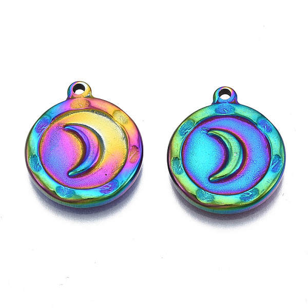 

PandaHall Ion Plating(IP) 304 Stainless Steel Pendants, Cadmium Free & Nickel Free & Lead Free, Flat Round with Moon, Rainbow Color...