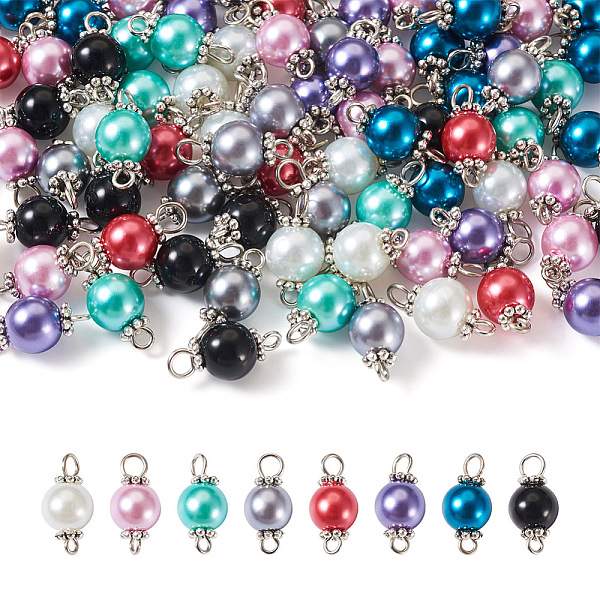 

PandaHall Yilisi 100Pcs 8 Colors Glass Pearl Round Bead Connector Charms, with Platinum Plated Double Iron Loops and Alloy Daisy Spacer..., Multicolor