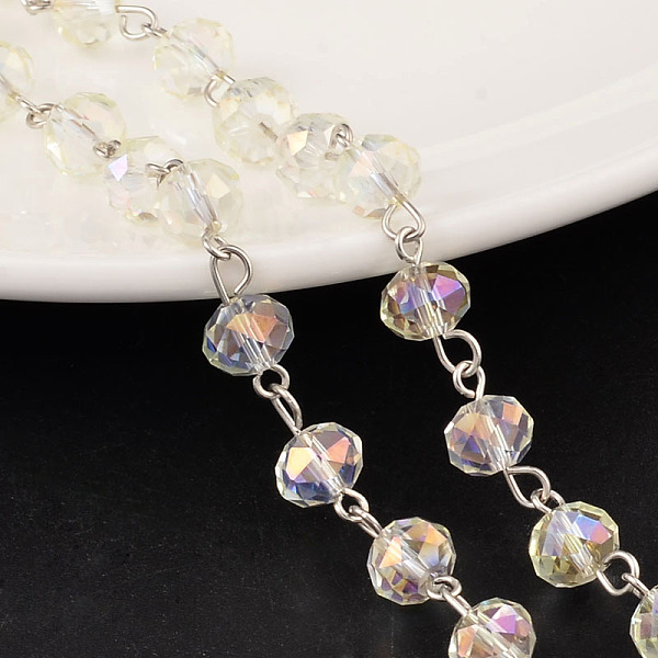 

PandaHall Faceted Rondelle Handmade Electroplate Glass Beads Chains, Unwelded, with Platinum Plated Brass Findings, Light Goldenrod Yellow...