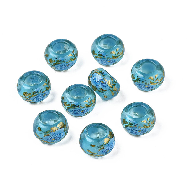 

PandaHall Flower Printed Transparent Acrylic Rondelle Beads, Large Hole Beads, Sky Blue, 15x9mm, Hole: 7mm Acrylic Rondelle