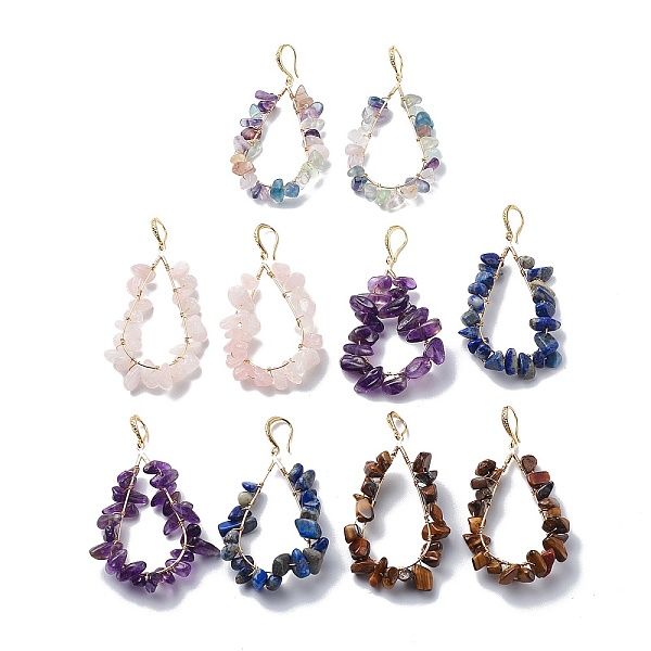 

PandaHall 5 Pairs 5 Style Natural Mixed Gemstone Chips Teardrop Dangle Earrings, Brass Wire Wrap Big Drop Earrings for Women, Light Gold...