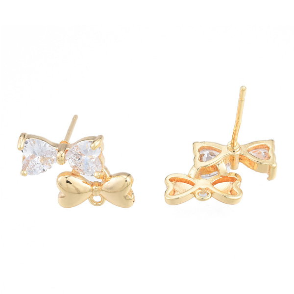 

PandaHall Brass Pave Clear Cubic Zirconia Stud Earring Findings, with Horizontal Loops, Heart Bowknot, Nickel Free, Golden, 10x15mm, Hole...