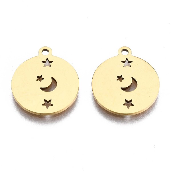 

PandaHall 201 Stainless Steel Pendants, Laser Cut Pendants, Flat Round with Moon & Star, Golden, 15.5x13.5x1mm, Hole: 1.4mm 201 Stainless...