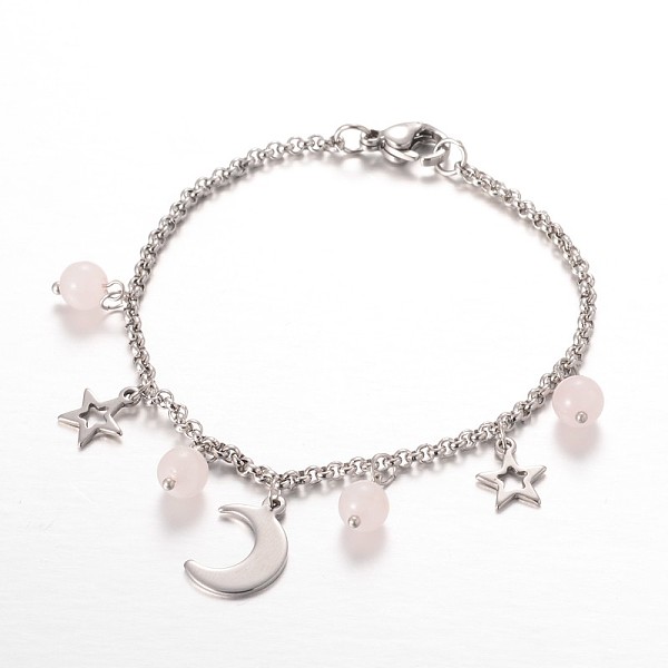 

PandaHall Moon & Star Stainless Steel Gemstone Charm Bracelets, with Lobster Claw Clasps, Rose Quartz, 7-1/4 inch(185mm) Rose Quartz