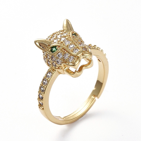 

PandaHall Adjustable Brass Finger Rings, with Micro Pave Cubic Zirconia, Leopard Head, Golden, US Size 7(17.3mm) Brass+Cubic Zirconia Clear