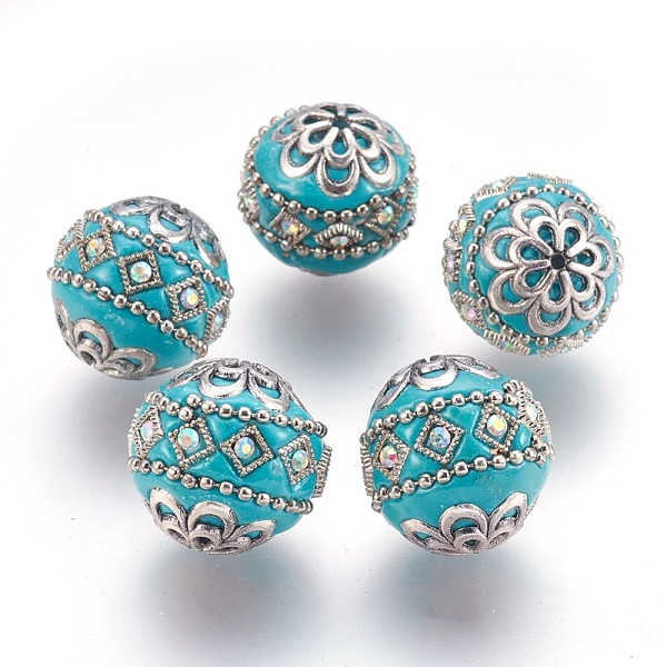 

PandaHall Handmade Indonesia Beads, with Metal Findings, Round, Antique Silver, Dark Turquoise, 19.5x19mm, Hole: 1mm Polymer Clay Round Cyan