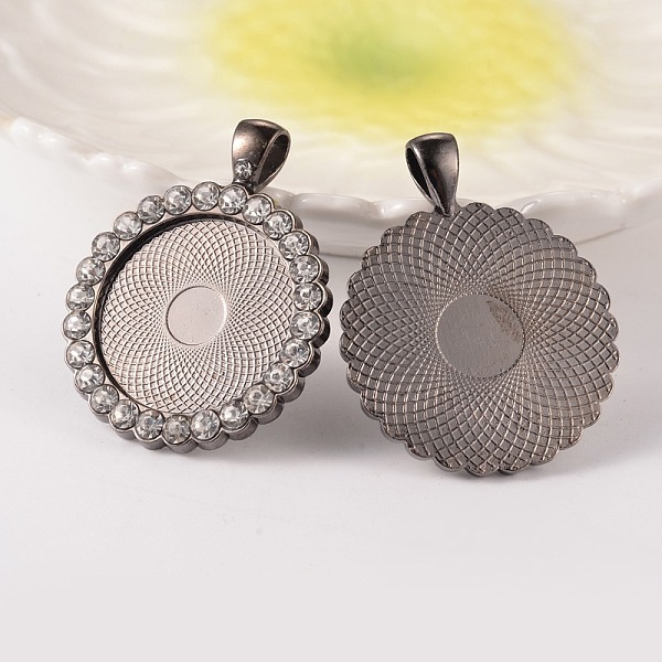 

PandaHall Flat Round Alloy Rhinestone Pendant Cabochon Settings, Cadmium Free & Lead Free, Gunmetal, Crystal, Tray: 25mm, 43x34x3mm, Hole..., Clear