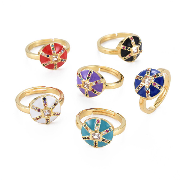 

PandaHall Adjustable Brass Micro Pave Colorful Cubic Zirconia Finger Rings, with Enamel, Nickel Free, Flat Round, Real 16K Gold Plated..., Multicolor