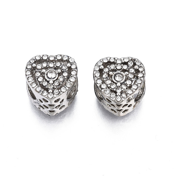 

PandaHall Rack Plating Alloy European Beads, with Crystal Rhinestone, Large Hole Beads, Cadmium Free & Lead Free, Heart, Platinum, Platinum..., Clear