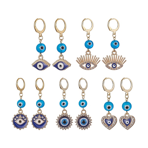 

PandaHall Evil Eye Lampwork Dangle Leverback Earrings, Alloy Crystal Rhinestone Drop Earrings, Mixed Shapes, 41~47.5x13~16mm Rhinestone