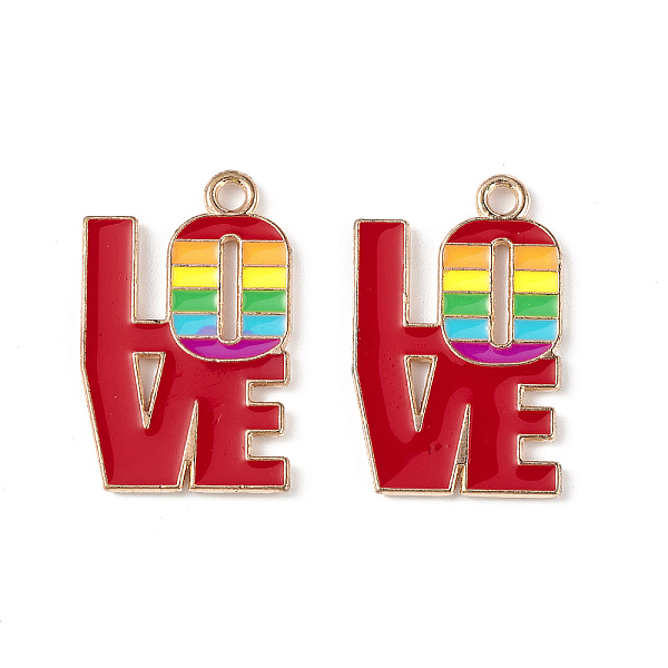 

PandaHall Rainbow Color Pride Alloy Enamel Pendants, Word Love Charm, Light Gold, Colorful, 24x14.7x1.3mm, Hole: 2mm Alloy+Enamel Letter Red