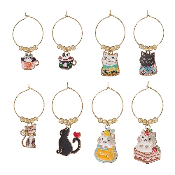 PandaHall Cat Alloy Enamel Wine Glass Charms, with Glass Seed Beads and Brass Hoops, Mixed Color, 46~61mm, 8 styles, 1pc/style, 8pcs/set...