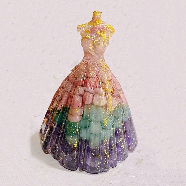 PandaHall Natural Gemstone Chip & Resin Craft Display Decorations, Glittered Wedding Dress Figurine, for Home Feng Shui Ornament, 56x83mm...