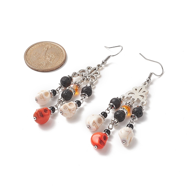 

PandaHall Dyed Synthetic Turquoise Skull & Natural Lava Rock Chandelier Earrings, Halloween Theme Alloy Long Drop Earrings for Women...