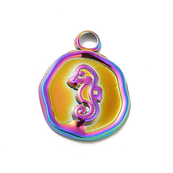 

PandaHall Ion Plating(IP) 304 Stainless Steel Pendants, Flat Round with Sea Horse, Rainbow Color, 16x13x2mm, Hole: 2mm 304 Stainless Steel...