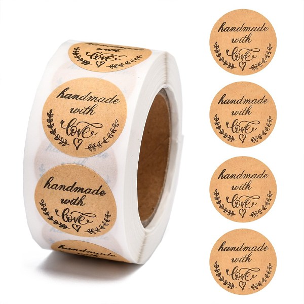 

PandaHall DIY Scrapbook, Decorative Adhesive Tapes, Flat Round with Word Handmade with Love, BurlyWood, 25mm, about 500pcs/roll Paper Word..., Orange